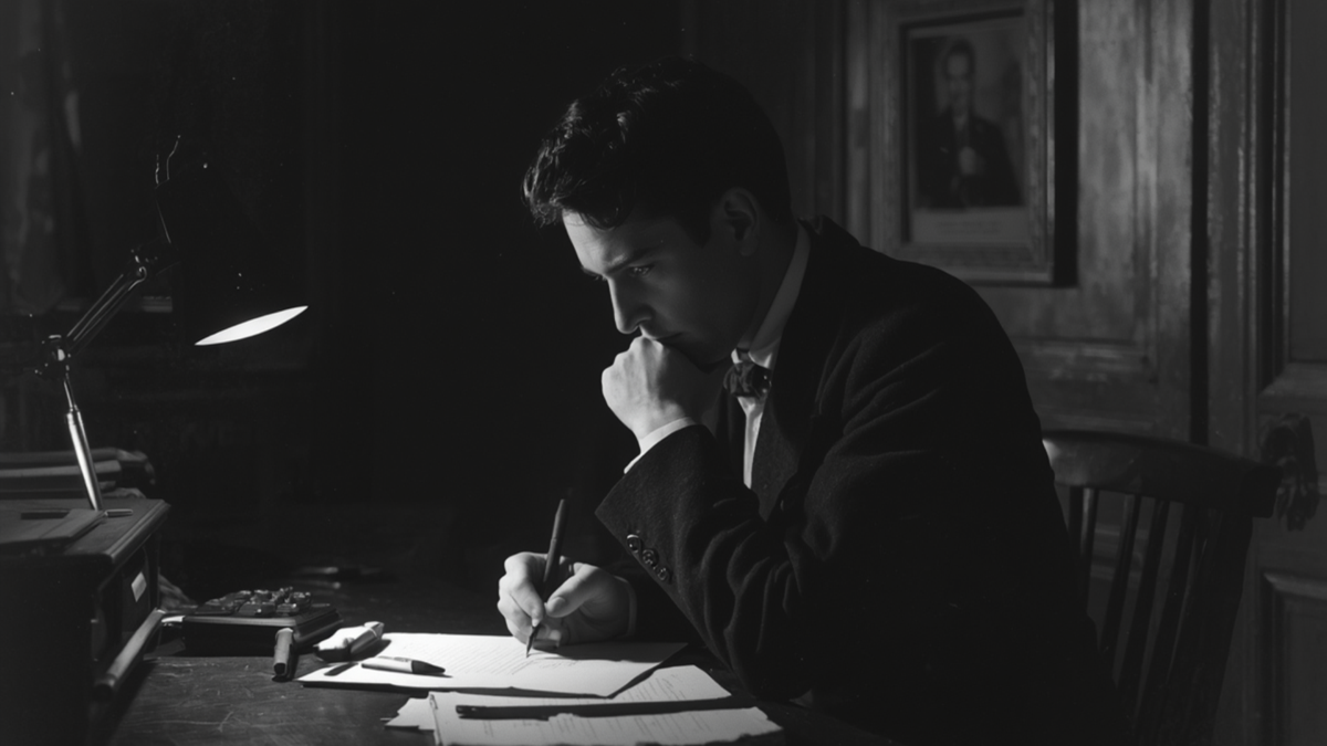 デスクで執筆する tj のモノクロ写真